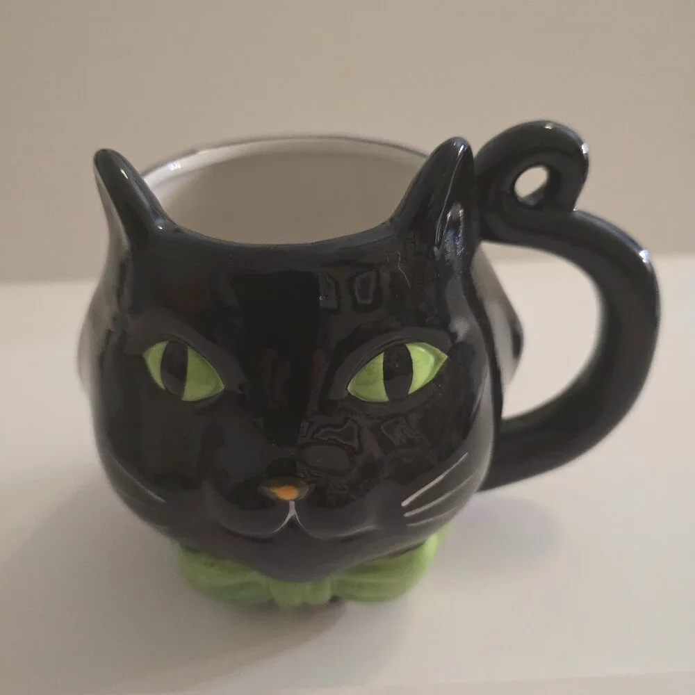 Halloween Black Cat Mug Green Eyes Ceramic Spooky Coffee Cup Gothic Decor